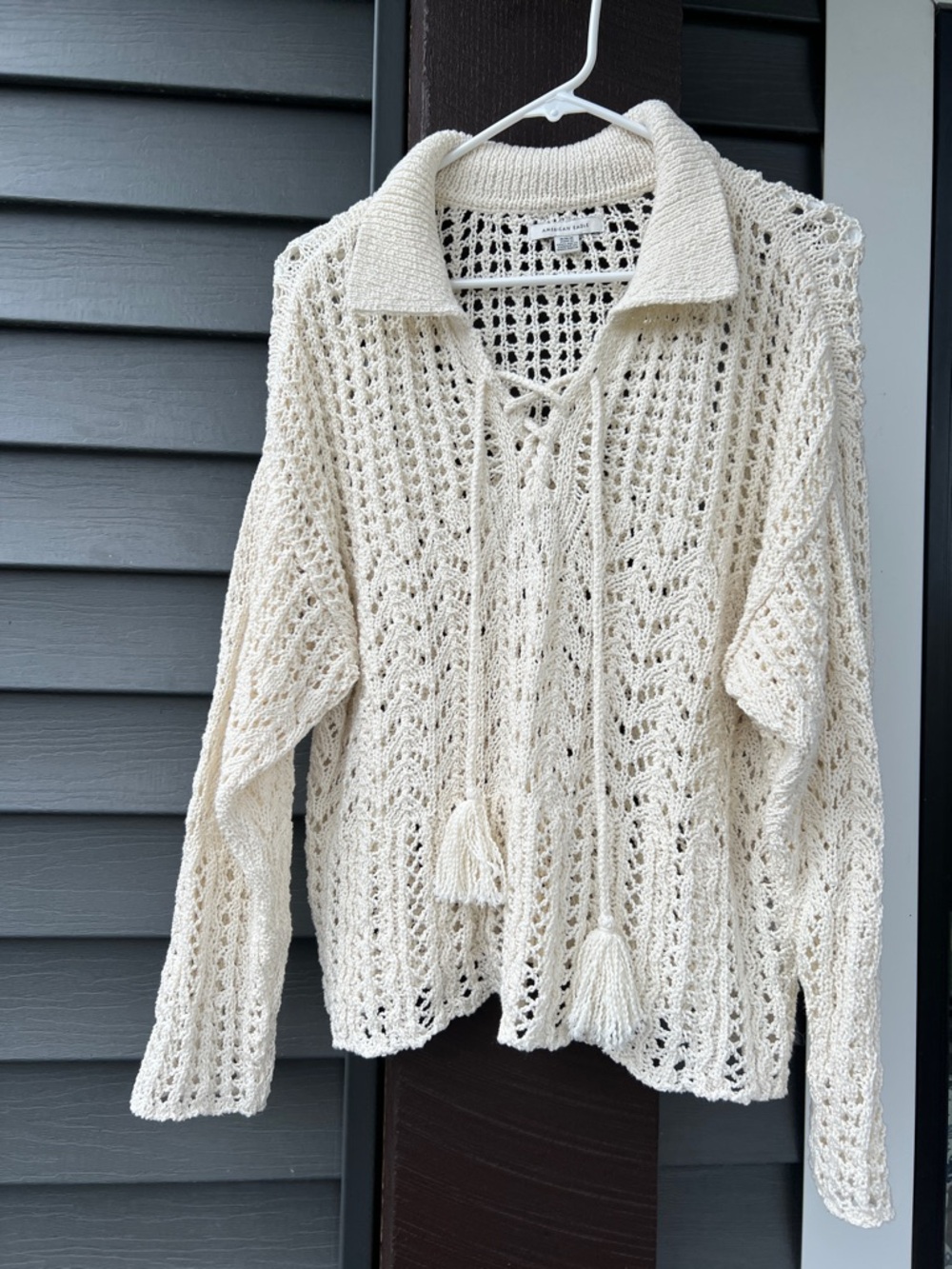 American Eagle Outfitters Cream Open-Knit V-Neck Sweater with Tassels